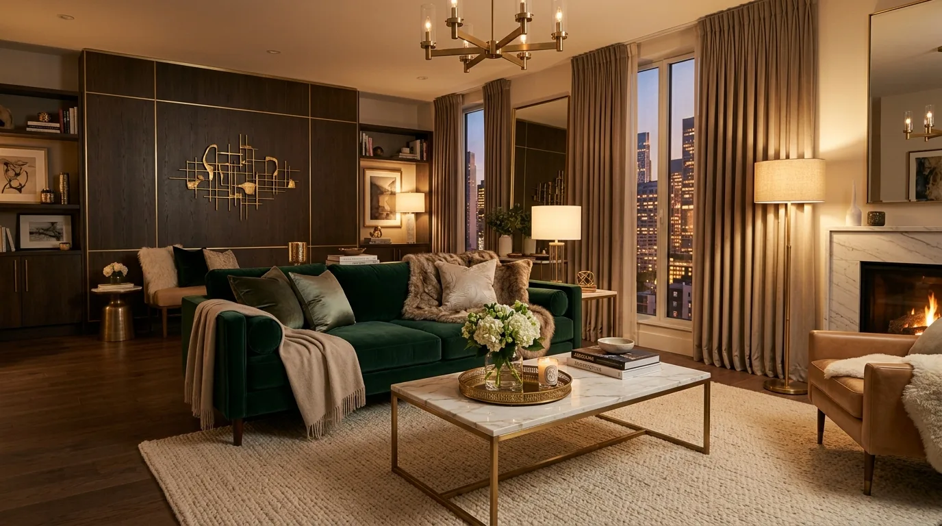 Luxury cozy living room with velvet sofa, marble coffee table, soft carpet, and warm ambient lighting
